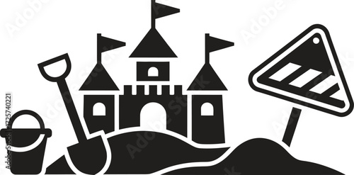 Black silhouette of a sandcastle with bucket shovel and warning sign