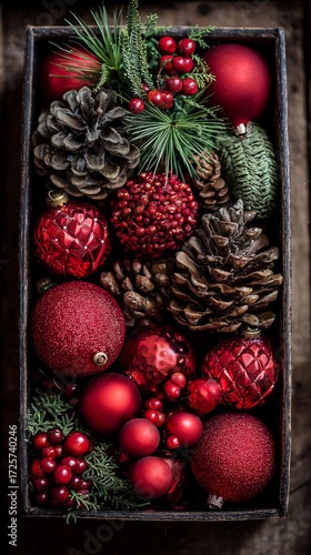 Decorative Box Filled With Holiday Ornaments and Natural Elements for Festive...