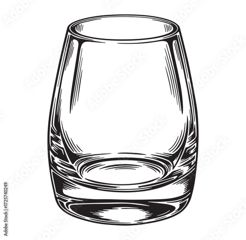 Hand drawn ink illustration of an empty rock glass isolated on white background