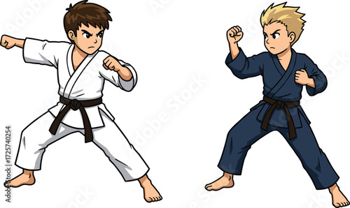 Karate martial arts sparring scene, two animated fighters in gis facing off, black belts, fighting stances, barefoot, discipline, sports training, flat vector illustration