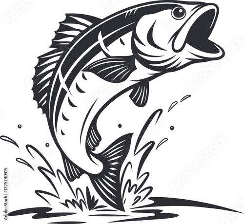 Black and white jumping bass fish vector illustration