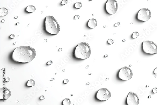 A close-up shot of numerous water droplets scattered across a pristine white surface, exhibiting varying sizes and subtle light reflections