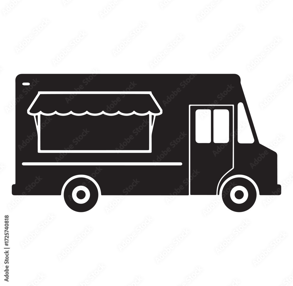 Fototapeta premium Minimalist black and white illustration of a modern food truck for business and restaurant concepts