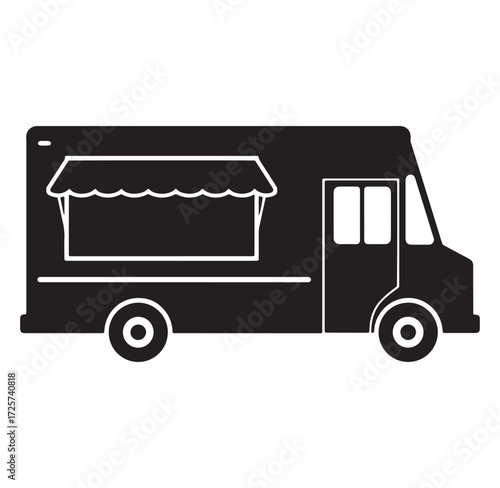 Minimalist black and white illustration of a modern food truck for business and restaurant concepts