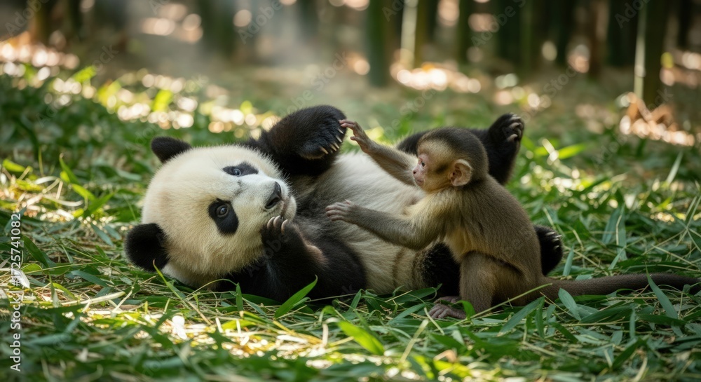 Obraz premium Adorable Baby Monkey Interacting with a Giant Panda in Natural Habitat