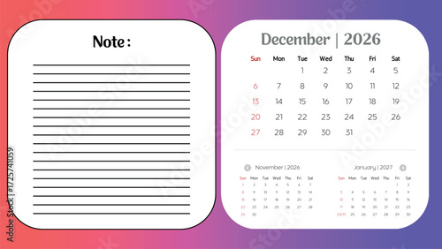 December 2026 Calendar with Notes Printable Monthly Planner
