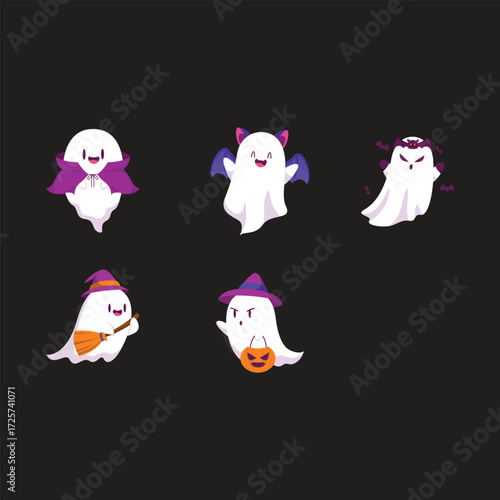 Little cute ghosts collection, Happy Halloween Set of flat Halloween scary ghostly monsters. Cartoon spooky character trick or Treating isolated on white background Vector illustration.