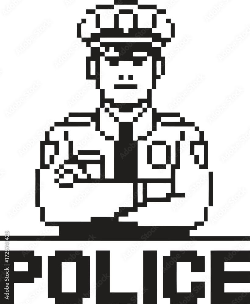 Fototapeta premium Pixel art police officer standing with arms crossed and police text