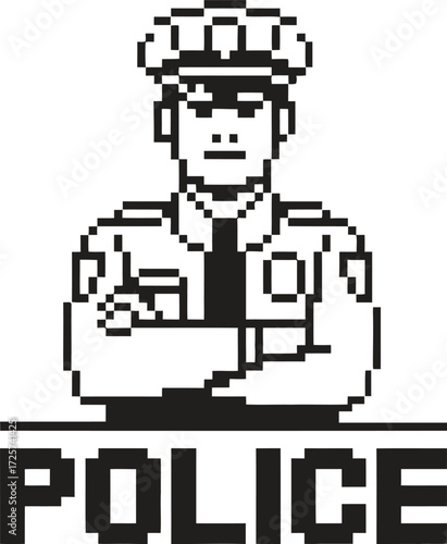 Pixel art police officer standing with arms crossed and police text