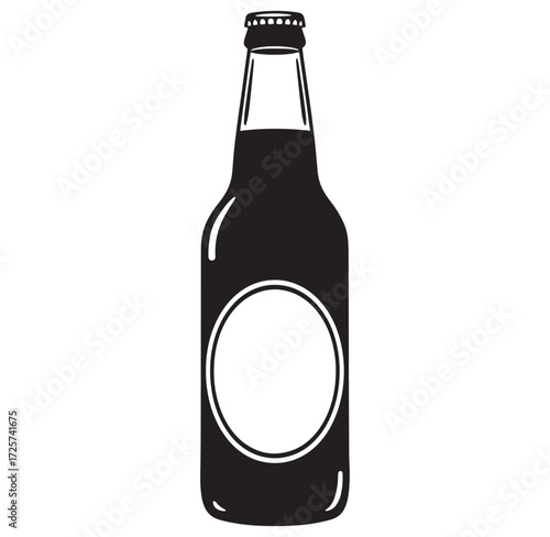 Simple black and white illustration of a beer bottle with an oval label