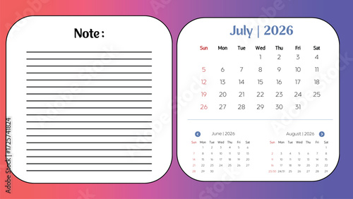 Colorful 2026 July Calendar with Note Section for Planning and Scheduling