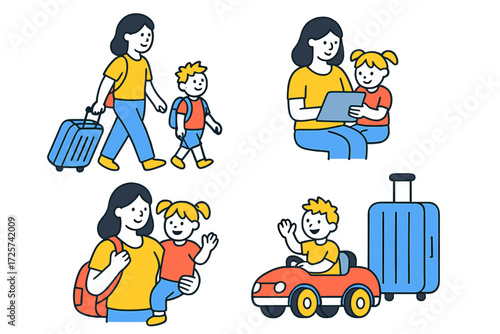 Family traveling together enjoying moments with kids at the airport during a trip while carrying luggage