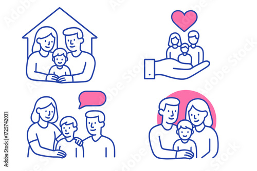 Family bonding moments illustrated through simple line art depicting love and togetherness at home