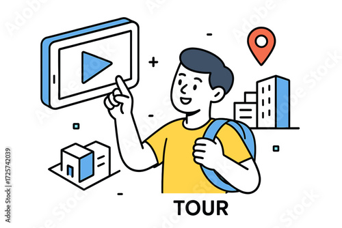 Engaging virtual tour with a young man exploring a city using a tablet during daytime