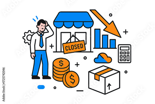 Business closure due to financial decline and market challenges illustrated with graphics of money and statistics