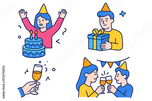 Celebration with friends featuring cake, gifts, and toasts at a festive gathering in a cheerful atmosphere