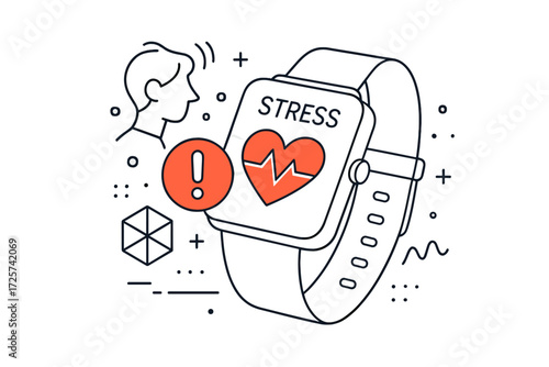 Stress monitoring smartwatch display featuring heart rate and alert symbols with person silhouette nearby