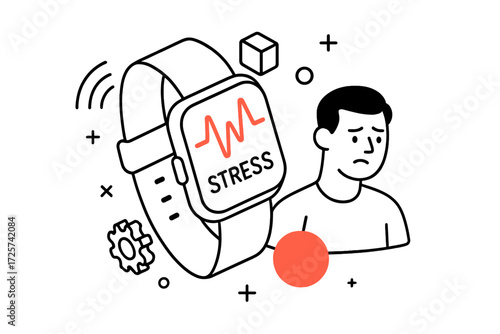 An illustration of a person experiencing stress monitored by a smartwatch displaying vital signs