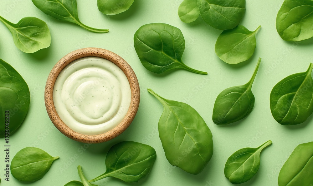 Obraz premium fresh spinach leaves and a bowl with ranch dressing on a light green background, top view.