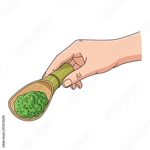 Hand holding a wooden spoon of vibrant green wasabi paste.