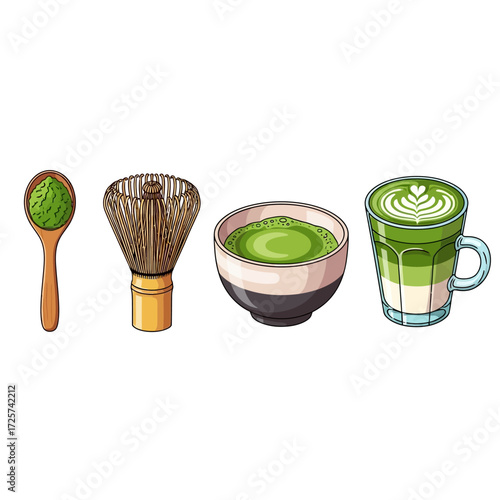 Cartoon illustration of matcha tea preparation, from powder to latte.