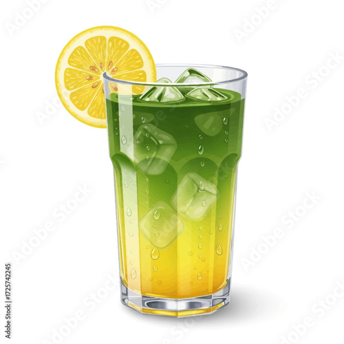 Matcha Lemonade Drink Vector Illustration, Iced Green Tea Refreshment, Mint and Lemon Slice Clipart