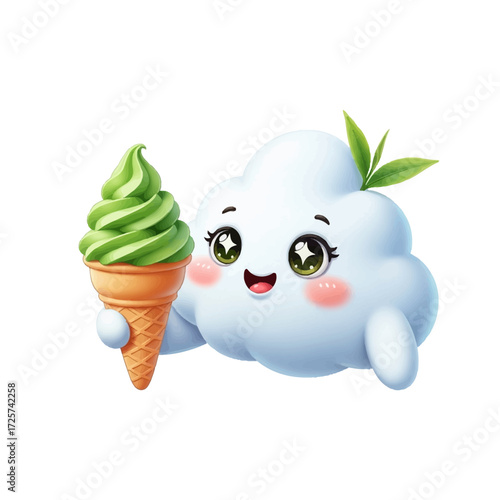 A cheerful cartoon cloud character with big sparkling eyes and rosy cheeks holds a green soft-serve ice cream cone, adorned with fresh green leaves.