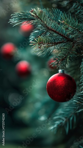 Red Ornaments Hang on Evergreen Branches During Winter Holiday Season
