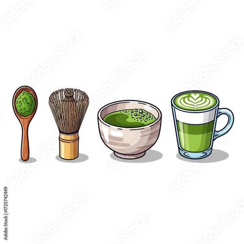 Illustration of matcha tea preparation items: a spoon of matcha powder, whisk, bowl of matcha tea, and a matcha latte in a glass.