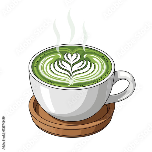 A steaming hot cup of matcha green tea latte with intricate rosetta foam art on a wooden saucer.