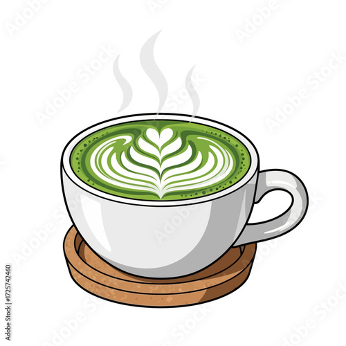 A steaming cup of vibrant green matcha latte art, presented in a white ceramic mug on a wooden coaster, with delicate steam rising.