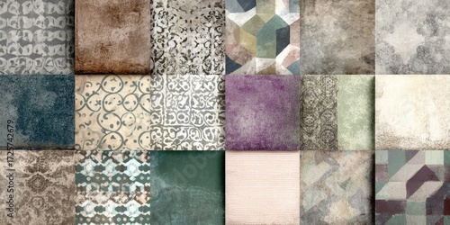 A collage of 16 square textured tiles showcasing various muted color palettes and intricate patterns, ranging from geometric designs to floral motifs