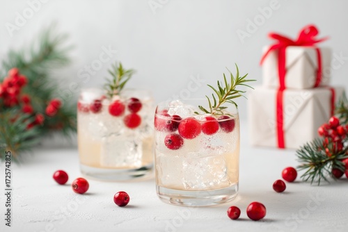 Festive Drinks With Garnishes and Wrapped Gifts for a Holiday Celebration.