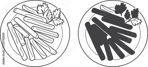 Two plates of french fries with parsley garnish in a simple line drawing style