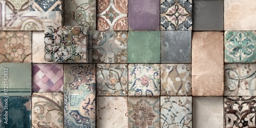 A collage of square tiles with various muted floral and geometric patterns, arranged in a staggered grid.  The tiles show signs of age and wear