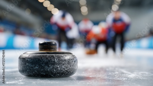 A curling stone focused on a rink with a blurred curling team in the background. Concept for the 2026 Winter Olympics.