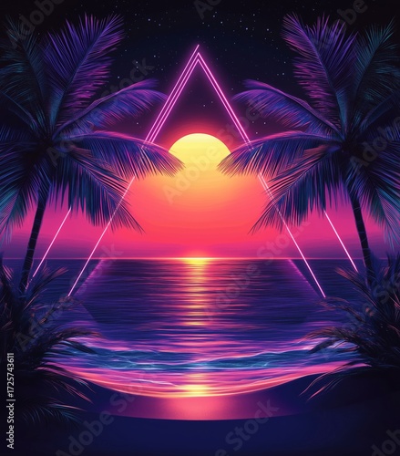 Vibrant Sunset Over Calm Sea Framed by Palm Trees and Neon Triangle Design