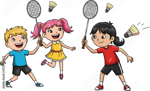 Happy children playing badminton outdoors, fun kids sports activity, smiling boy and girls hitting shuttlecock, cartoon illustration of active summer play