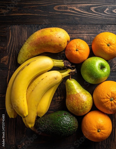Assorted fresh fruit on dark wood