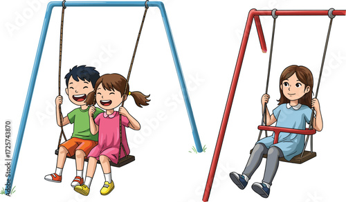 Happy children playing on swings in park, kids enjoying outdoor fun, summer activity scene, colorful playground equipment - cad drawing flat vector illustration