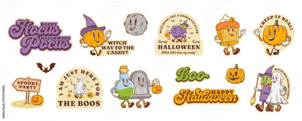 Fototapeta premium Groovy Halloween Pumpkin Retro Stickers Set. Cartoon Pie, Cauldron, Witch, Ghost, Moon Vector Autumn Holiday Mascot Sticker Templates Collection Happy Vintage Cool Personage Illustrations Isolated