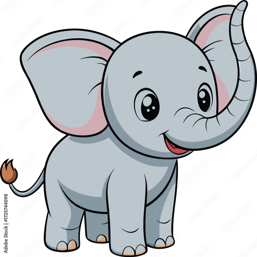 Fototapeta premium A cute cartoon baby elephant with big ears and a raised trunk animal vector illustration EPS file download. 