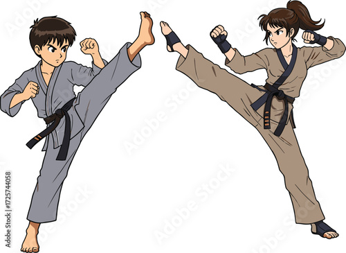 Boy and girl practicing martial arts, karate training pose, cartoon kids in uniform with black belts, self-defense illustration, vector fighting stance