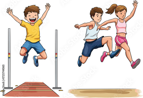 Kids jumping in athletic events, high jump and long jump sports illustration, active children in sportswear, cartoon vector for education, fitness concepts