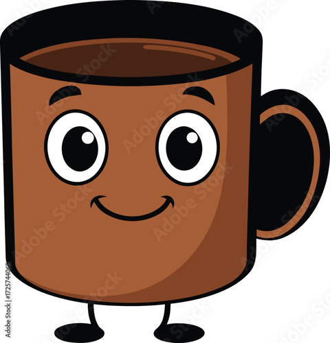 A happy brown cartoon coffee mug with a smiling face and black handle drink beverage vector illustration EPS file download
