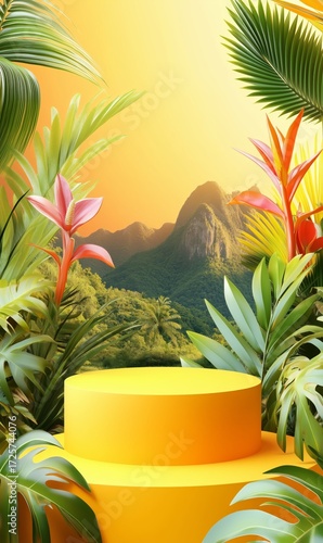 Vibrant Tropical Landscape Featuring Colorful Plants and Sunlight Over Distan...