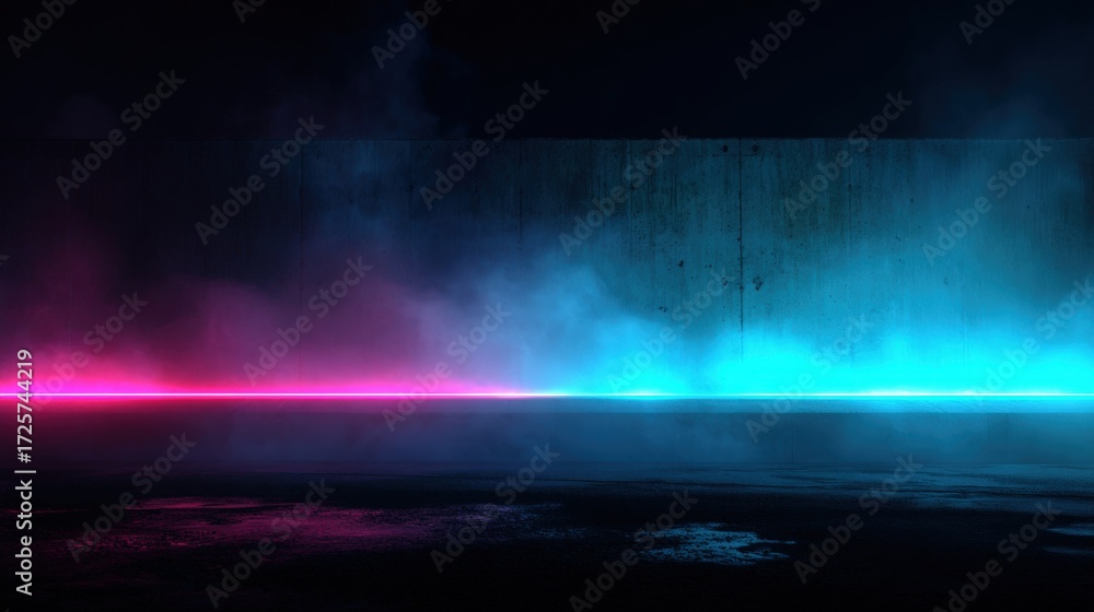 Fototapeta premium Neon-Lit Black Concrete Wall with Pulsating Cyan Pink Light Streaks and Ambient Fog Front View