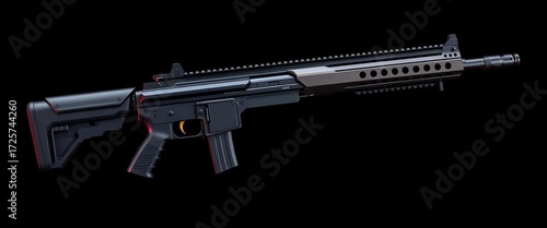 Sleek futuristic rifle, dark metallic finish, isolated on black,   item,  modern
