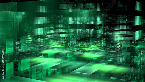 stunning digital landscape displays various shades of green, with layered geometric patterns creating an abstract representation of technology. scene evokes a sense of innovation. 3d render