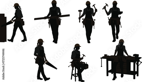 Construction worker silhouette carrying plank, carpenter with hammer saw, building tools, manual labor activity, woodworking repair, industrial job site illustration concept